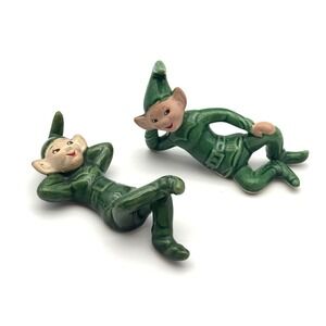 Vintage Elf Pixie Fairy Figurine Set of 2 Green Ceramic Playful Whimsical